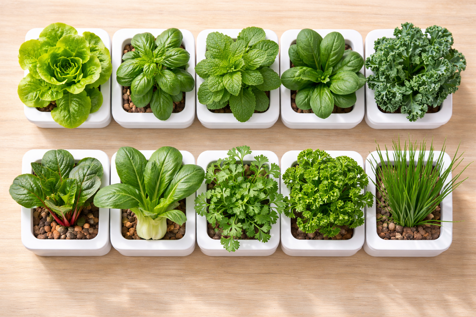 Ten easy hydroponic plants for beginners arranged in white containers including lettuce basil mint spinach and kale