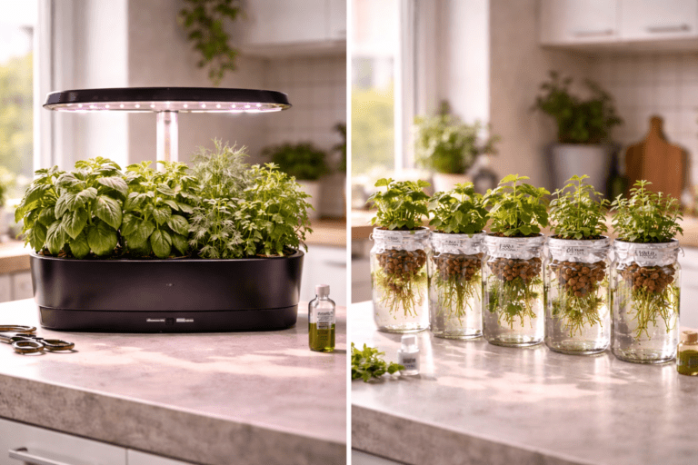 AeroGarden vs DIY hydroponics comparison showing smart garden next to mason jar setup