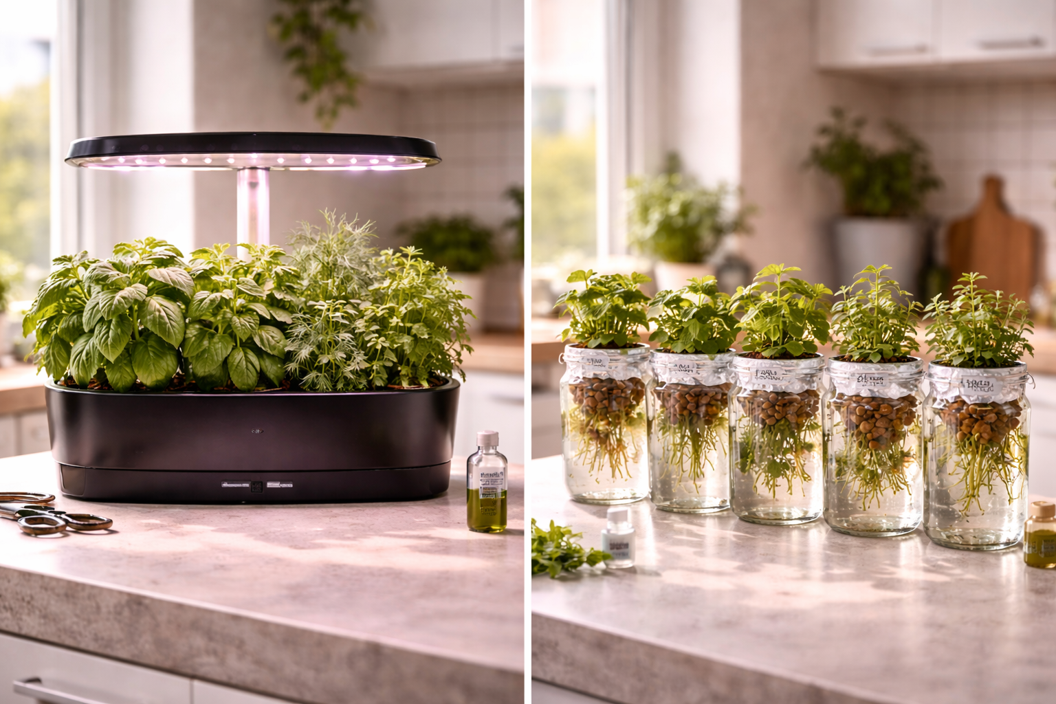 AeroGarden vs DIY hydroponics comparison showing smart garden next to mason jar setup