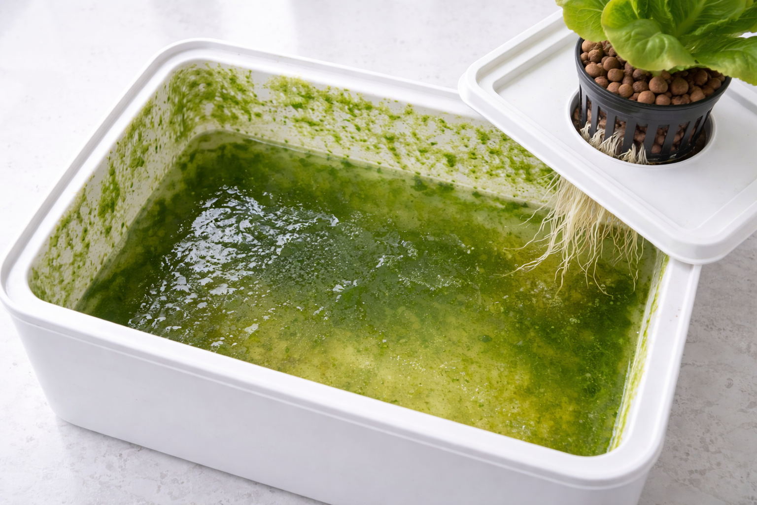 Green algae growing inside a hydroponic container and on the nutrient solution surface