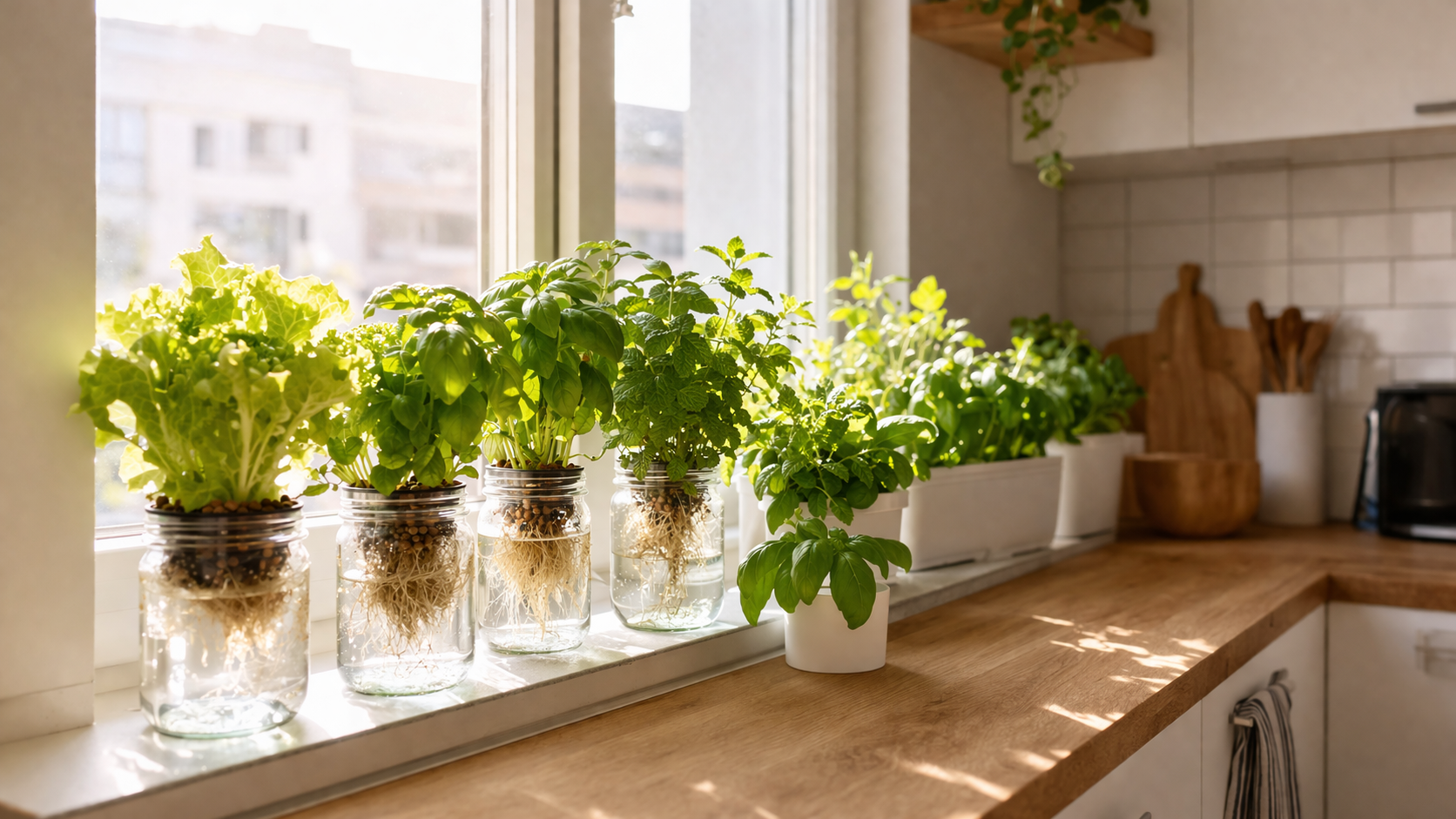 Apartment hydroponics setup on small kitchen windowsill with mason jars growing lettuce basil and herbs