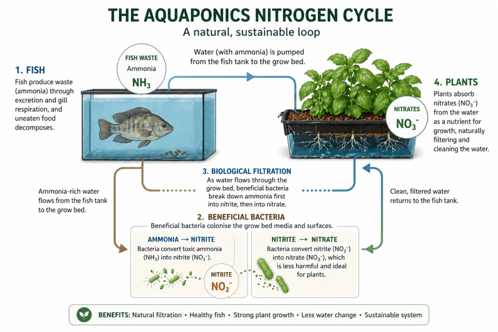 Aquaponics vs hydroponics diagram showing nitrogen cycle with fish bacteria and plants