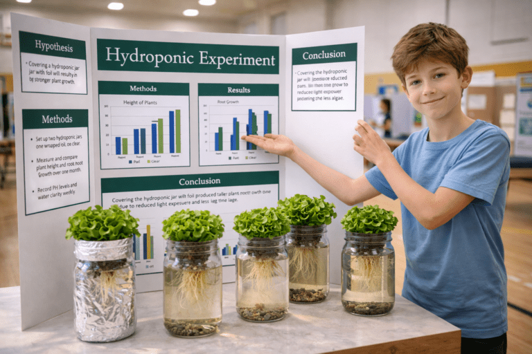Hydroponic science fair project display with student presenting tri-fold board and growing plants