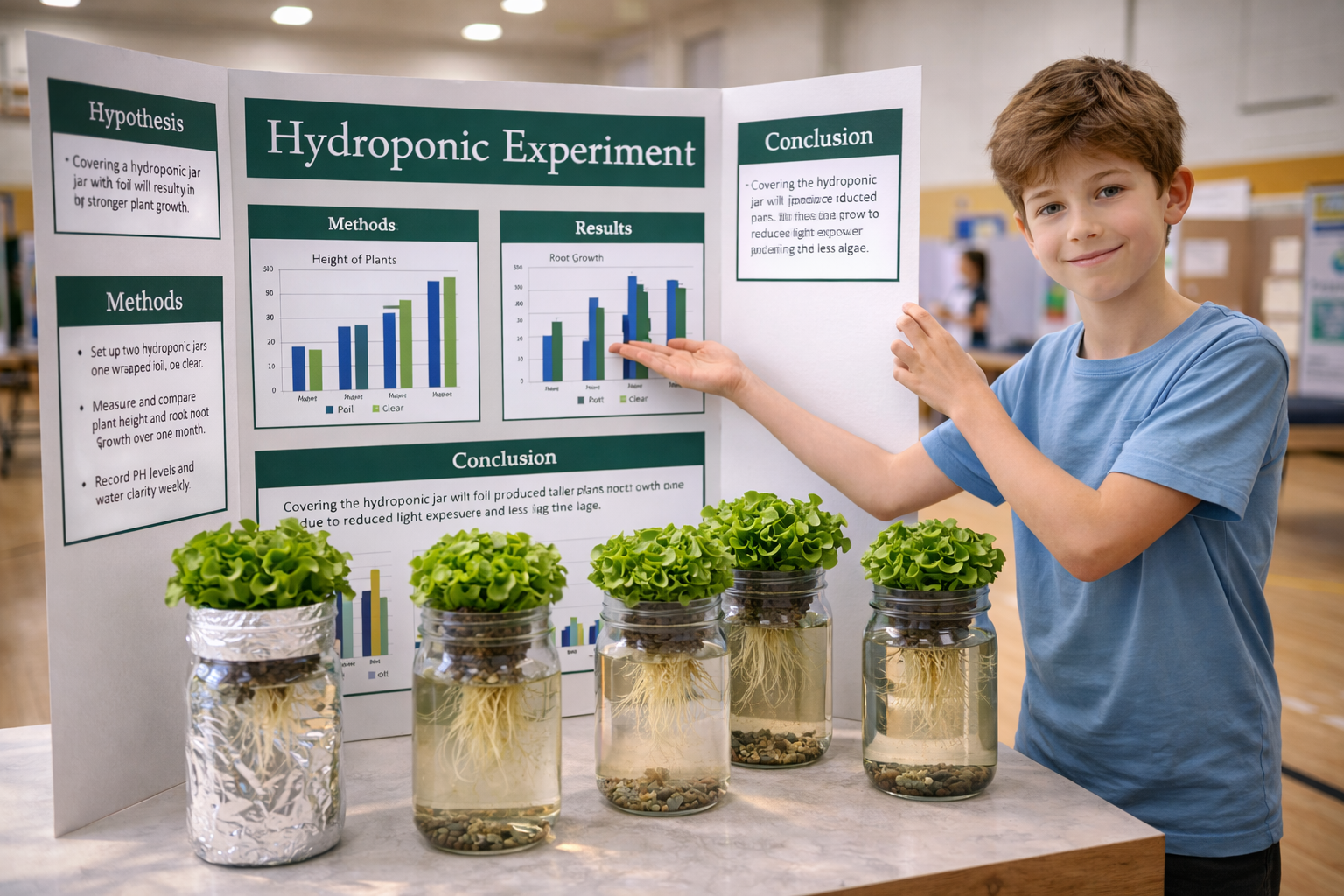Hydroponic science fair project display with student presenting tri-fold board and growing plants