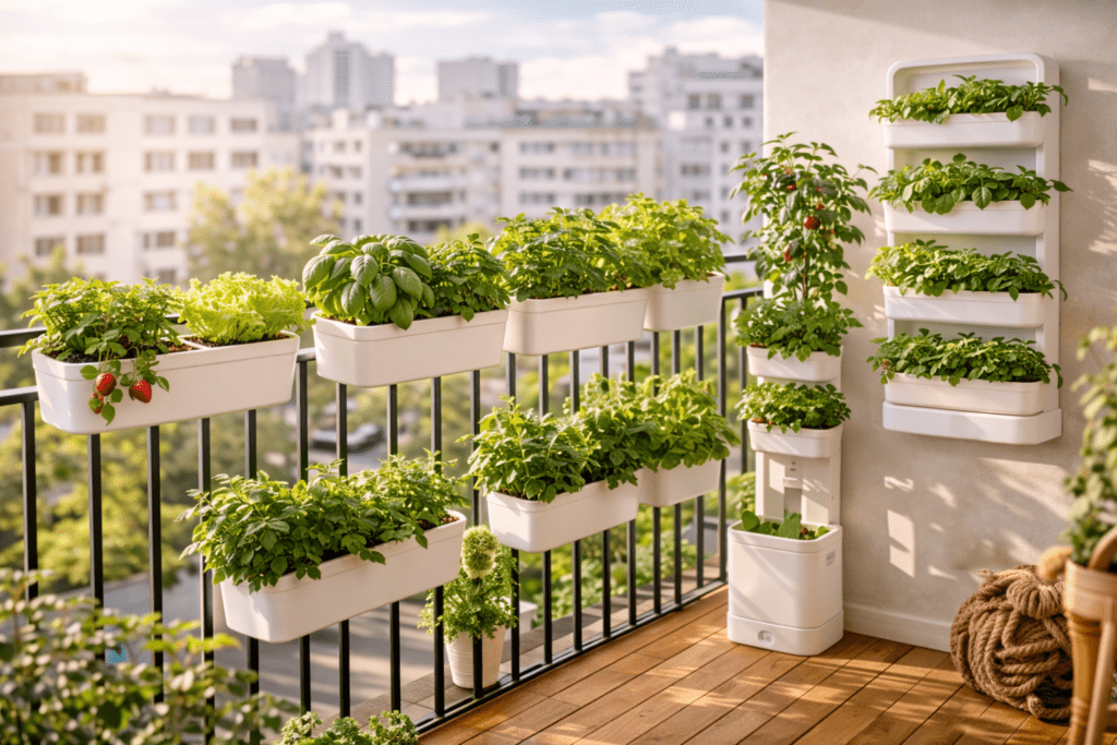 Balcony hydroponics garden growing lettuce herbs and tomatoes on small apartment balcony