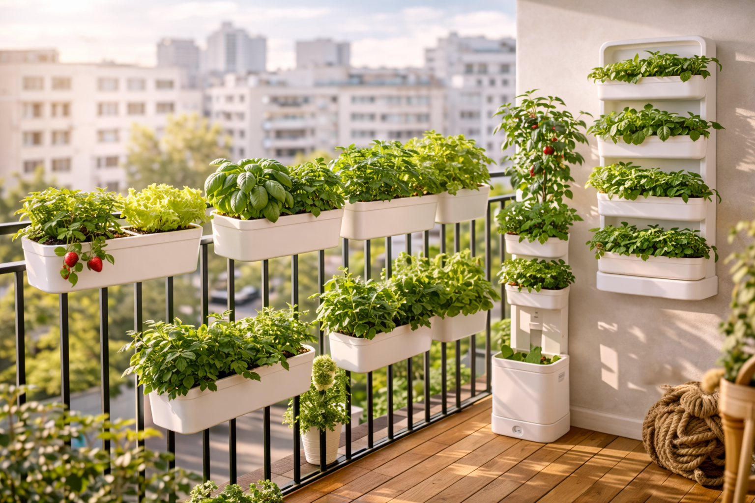 Balcony hydroponics garden growing lettuce herbs and tomatoes on small apartment balcony
