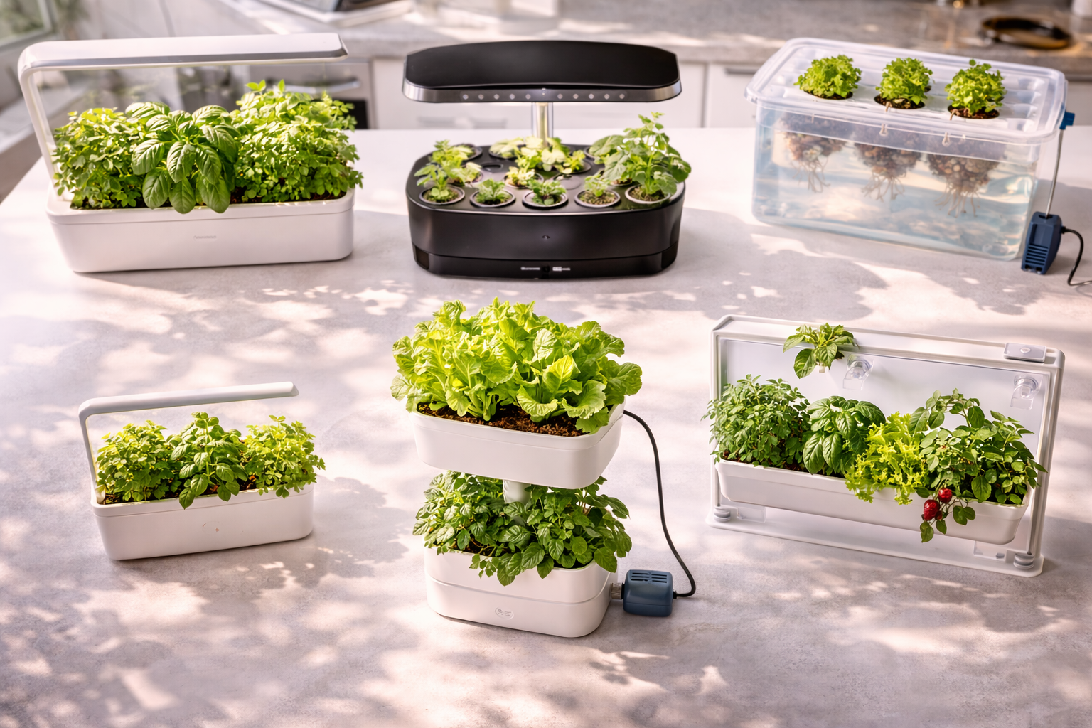 Best hydroponic starter kits arranged for comparison including smart garden AeroGarden Kratky and DWC systems