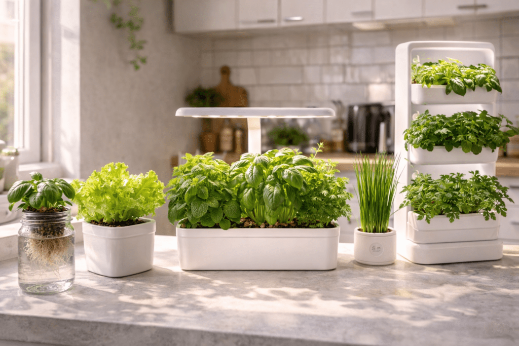 Smart hydroponic systems with app control showing smartphone monitoring next to indoor garden