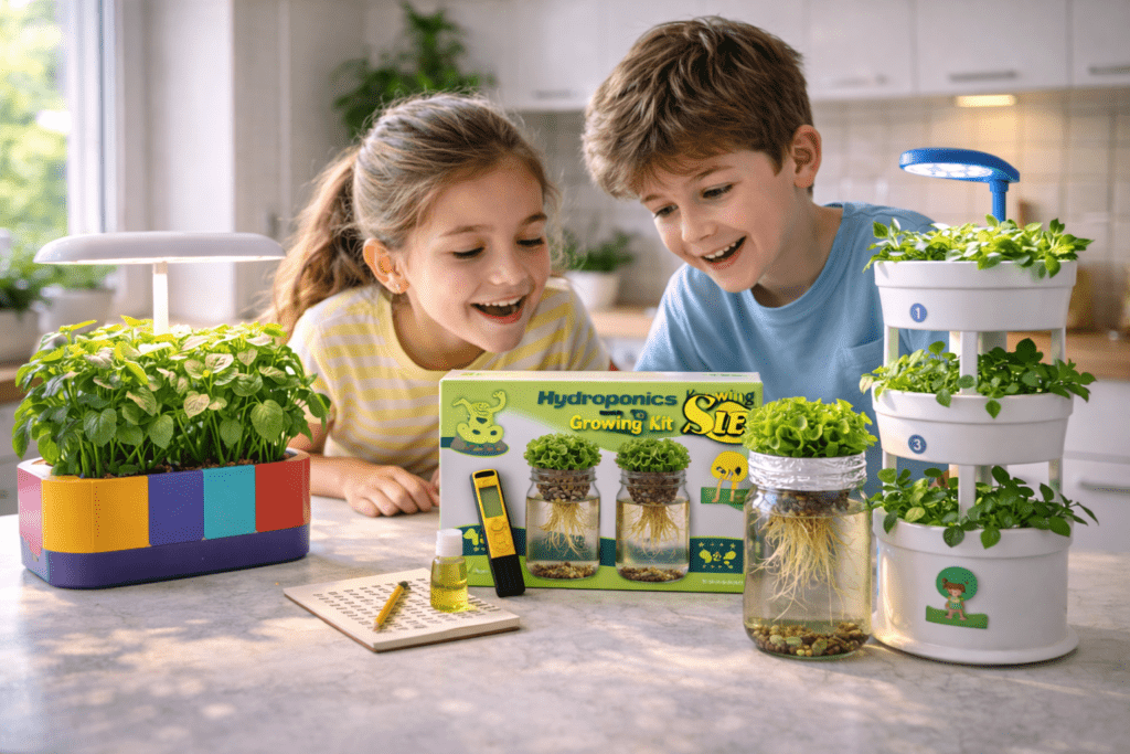 Best kid friendly hydroponic kits comparison with two children examining different growing systems