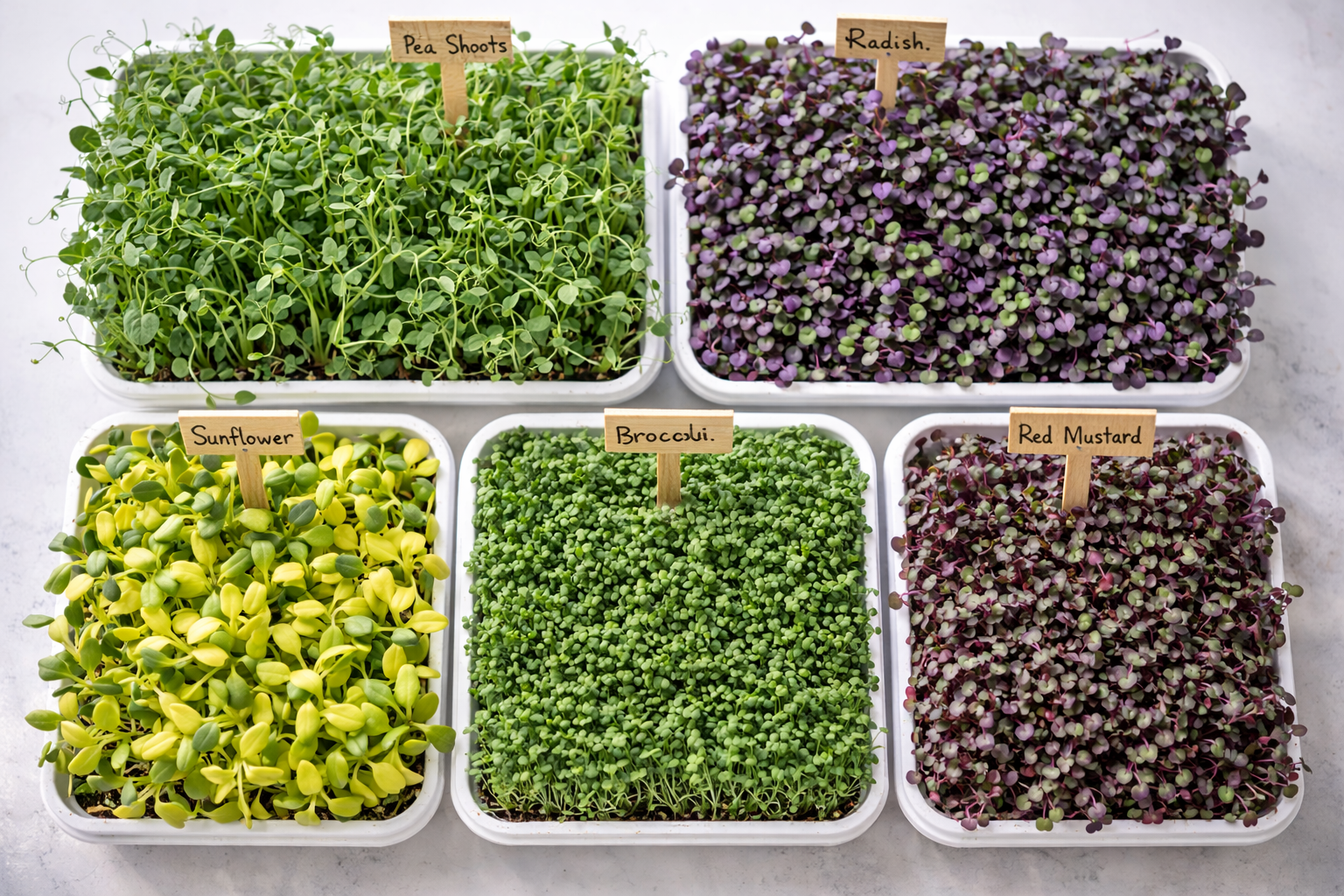 Best microgreen varieties for hydroponic beginners showing radish pea sunflower broccoli and mustard varieties