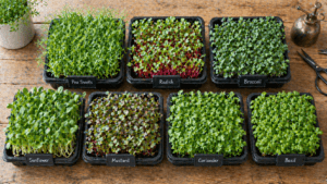 Best microgreens to sell UK shown in seven trays on a wooden kitchen surface
