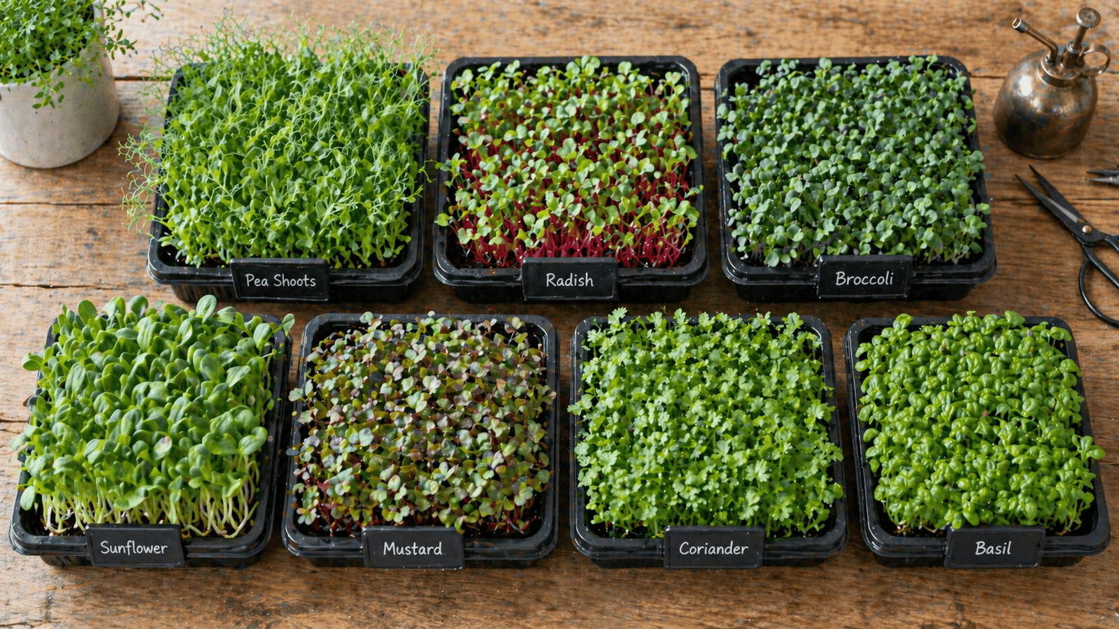 Best microgreens to sell UK shown in seven trays on a wooden kitchen surface