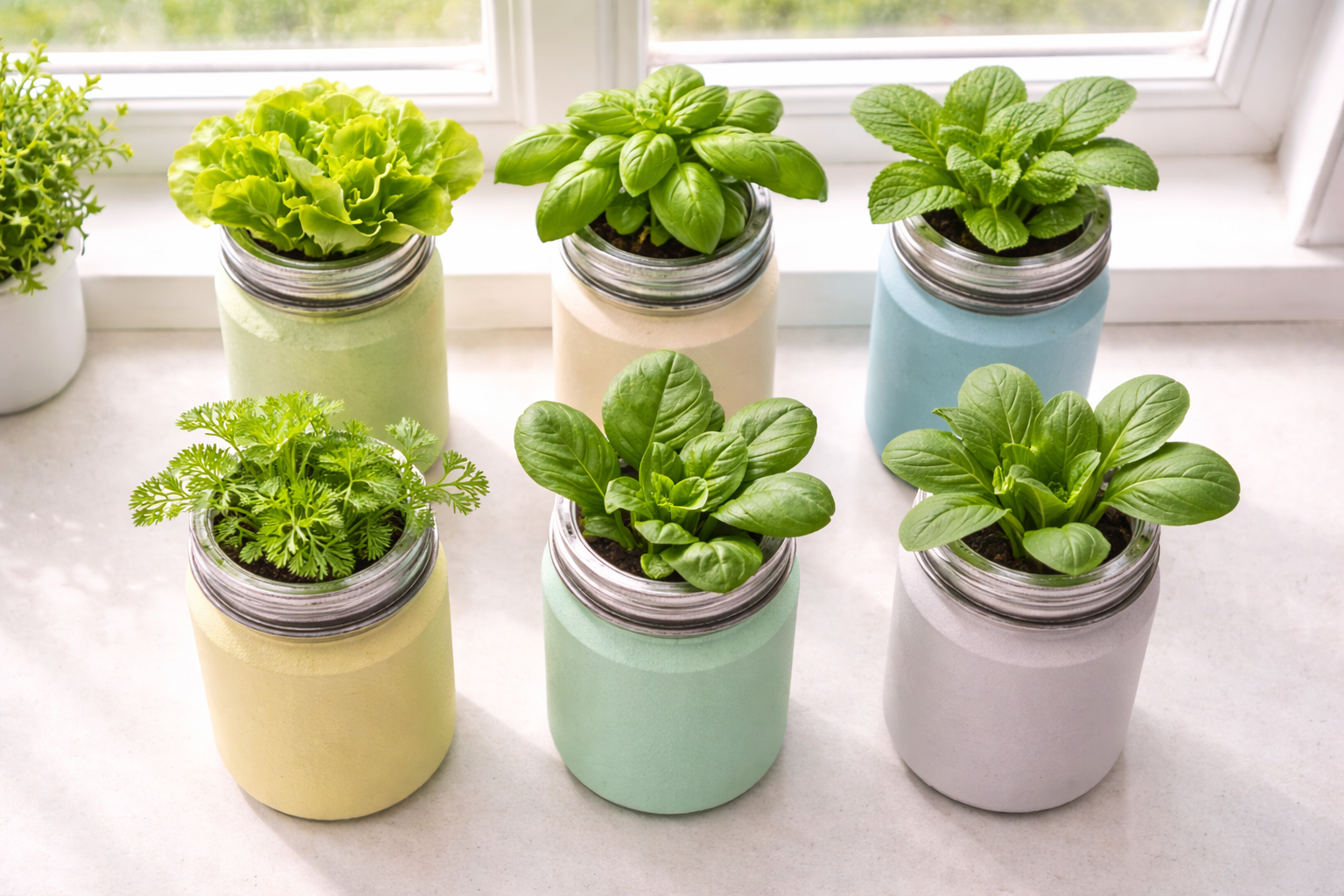 Six Kratky jars growing different plants including lettuce basil mint coriander spinach and pak choi on a windowsill