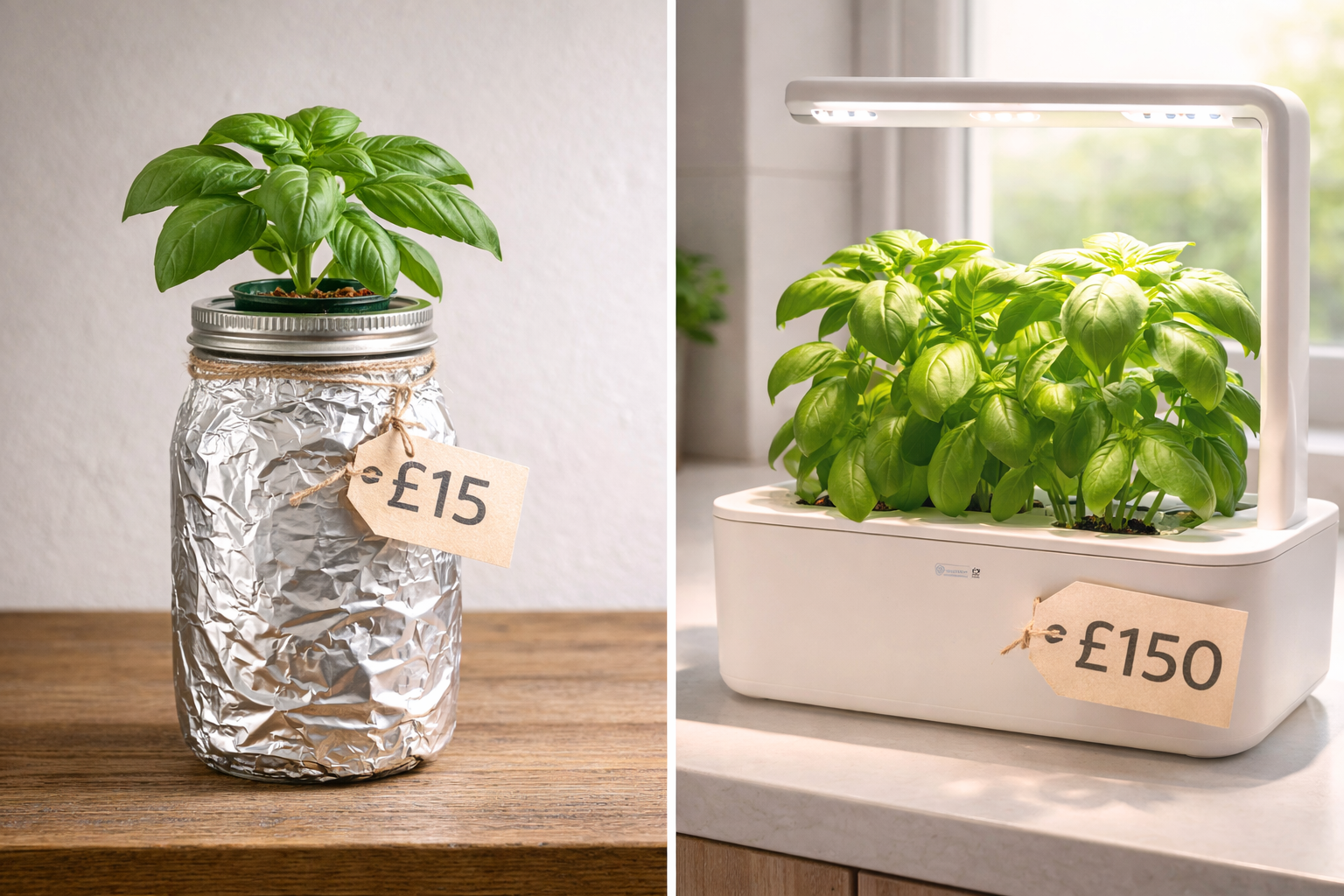 Comparison of a 15 pound DIY mason jar hydroponic setup versus a 150 pound premium smart garden both growing basil