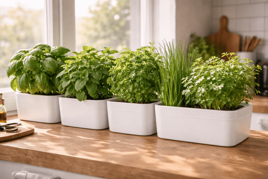 Hydroponic kitchen herb garden with basil mint parsley chives and coriander on wooden countertop
