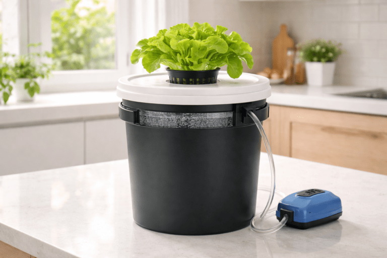 Completed DWC hydroponic bucket system with lettuce growing on a kitchen counter with air pump