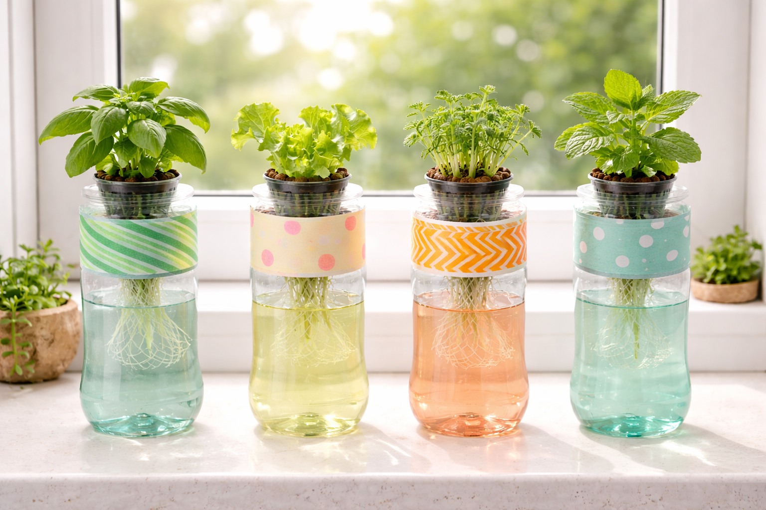 Four recycled plastic bottles converted into hydroponic planters growing herbs on a sunny windowsill
