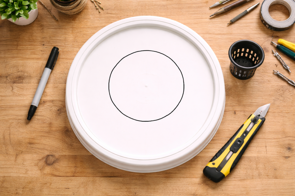 Bucket lid with circle traced for cutting net pot hole with net pot and scissors beside it