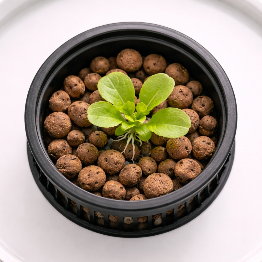 Lettuce seedling planted in a net pot filled with clay pebbles sitting in a DWC bucket lid