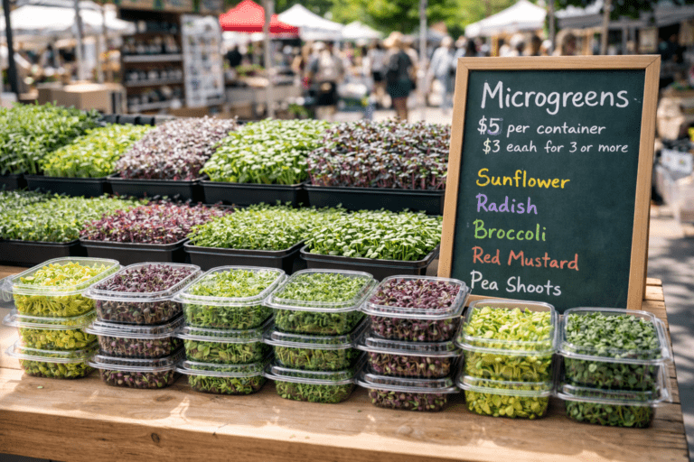 Selling microgreens at farmers markets stall with multiple varieties displayed in clear containers