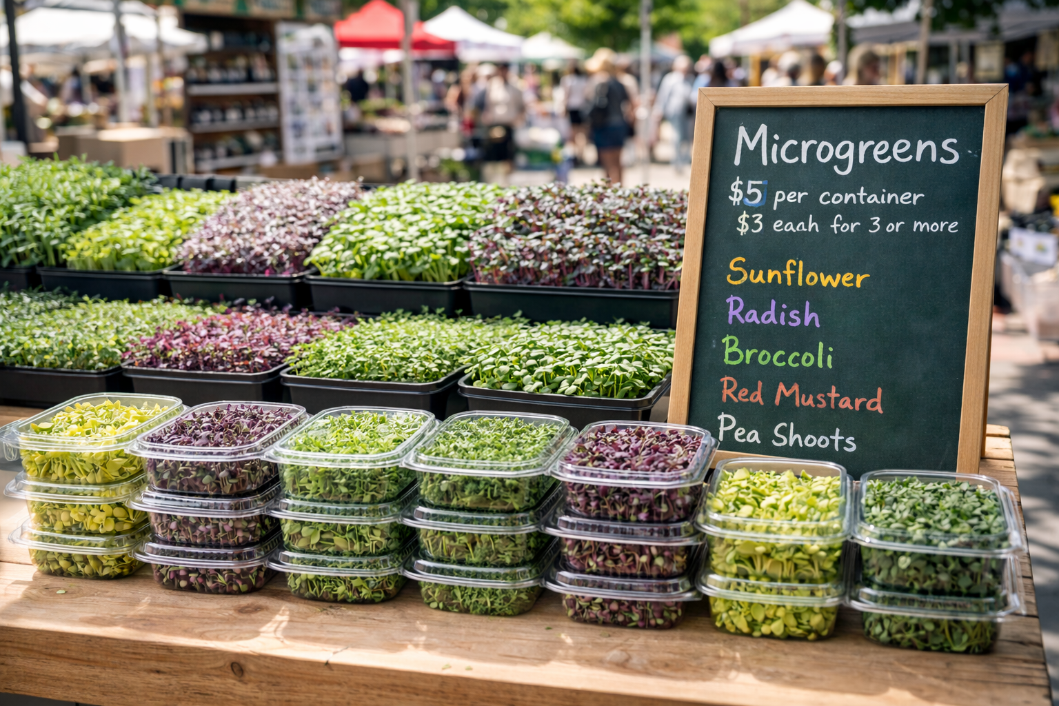 Selling microgreens at farmers markets stall with multiple varieties displayed in clear containers