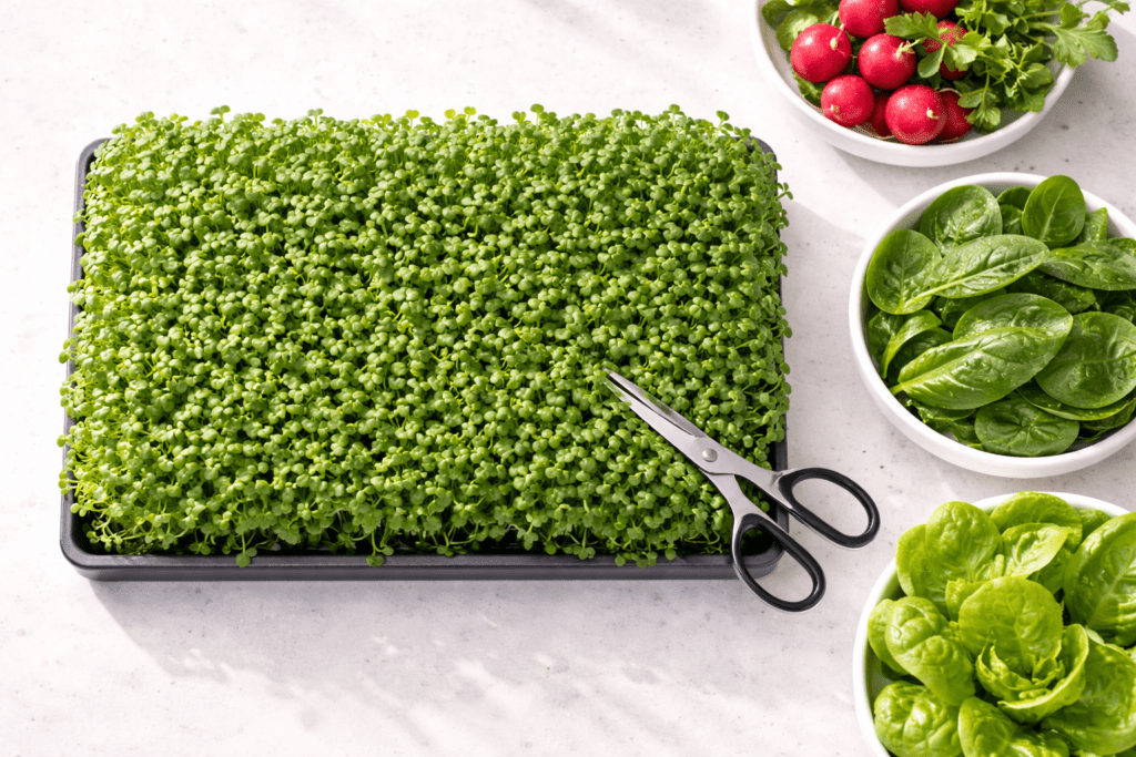Fast growing hydroponic crops including microgreens radishes spinach and lettuce ready for harvest