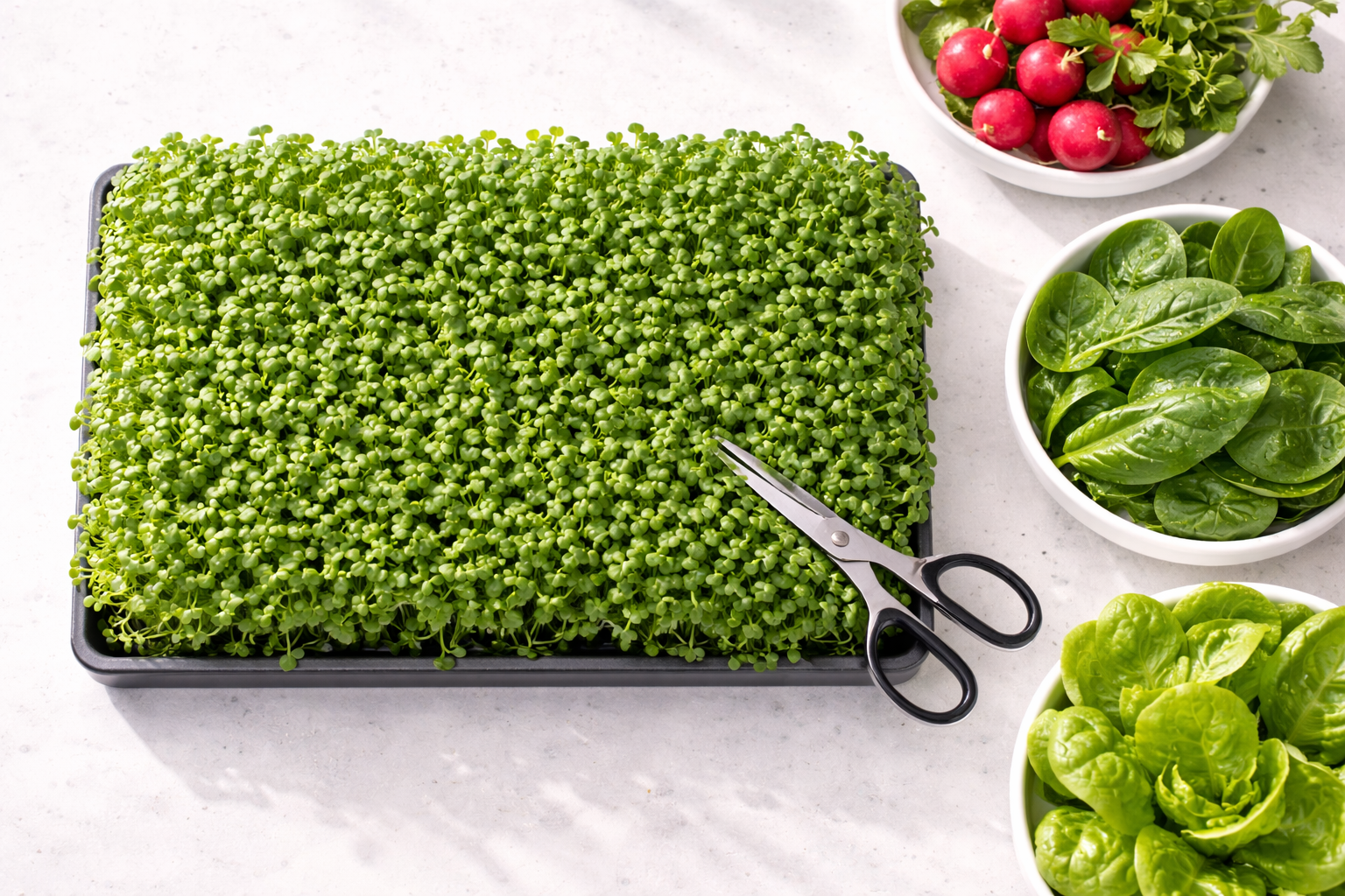 Fast growing hydroponic crops including microgreens radishes spinach and lettuce ready for harvest