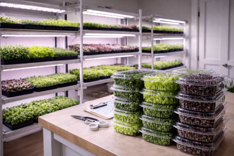 Microgreens business from home setup with shelving trays under grow lights and harvested containers