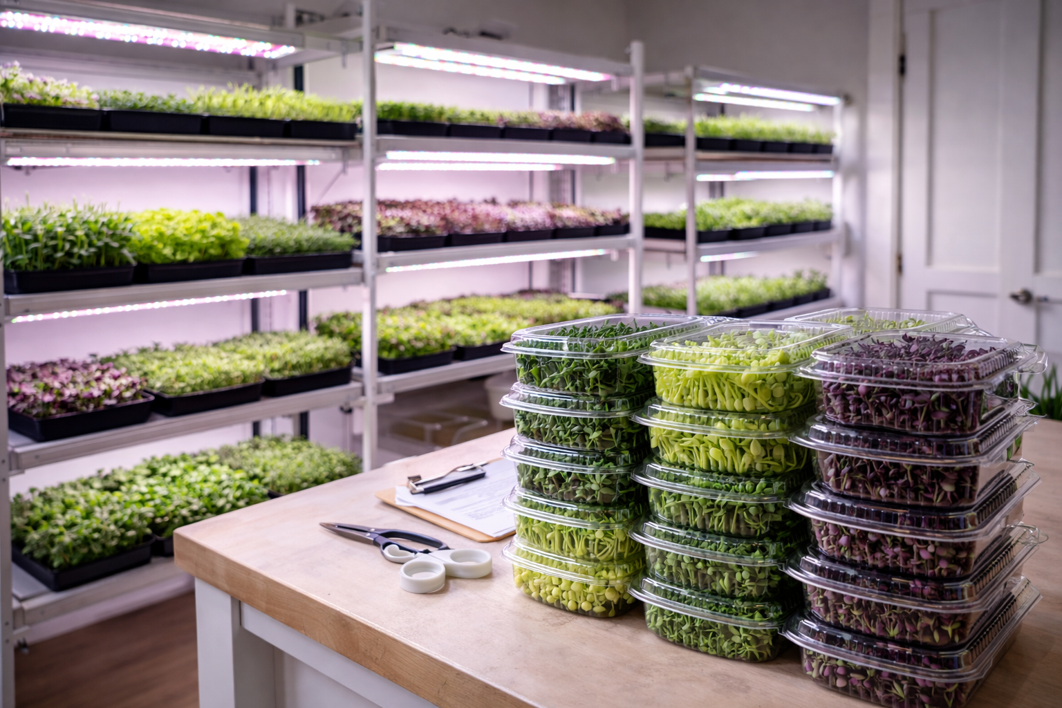 Microgreens business from home setup with shelving trays under grow lights and harvested containers