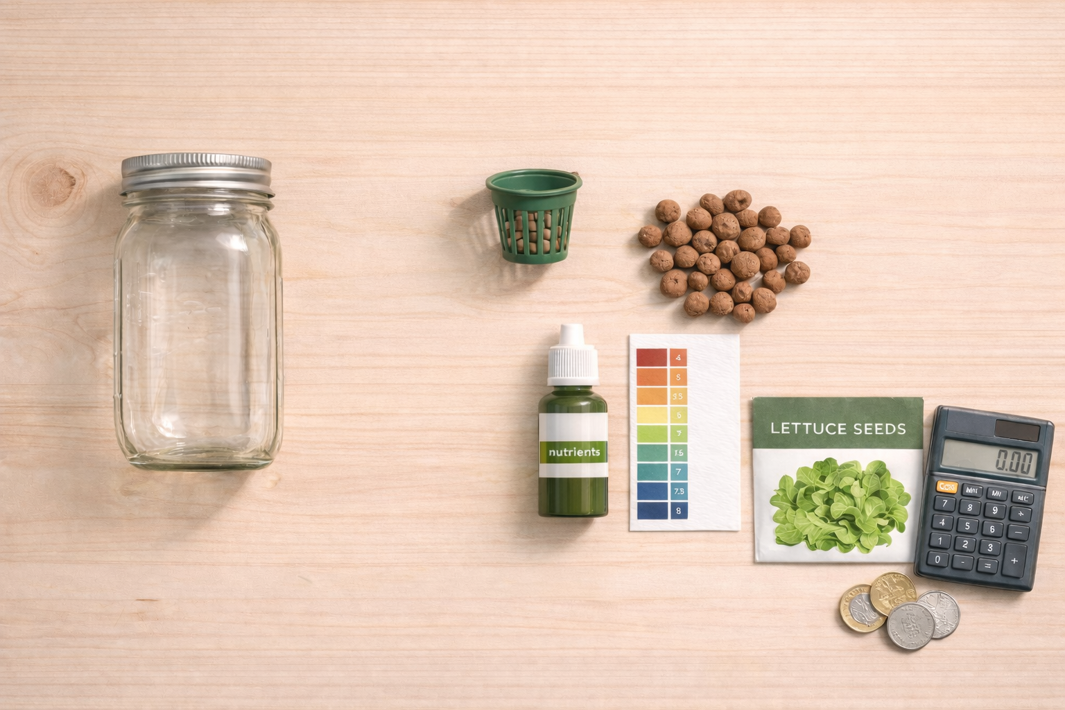 Hydroponic supplies with price tags showing the cost of starting hydroponics at home for under 25 pounds