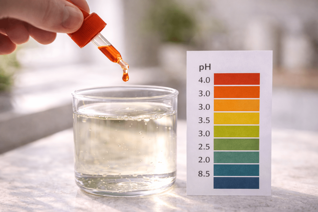 Single drop of pH Down solution being added to hydroponic nutrient water with pH chart nearby