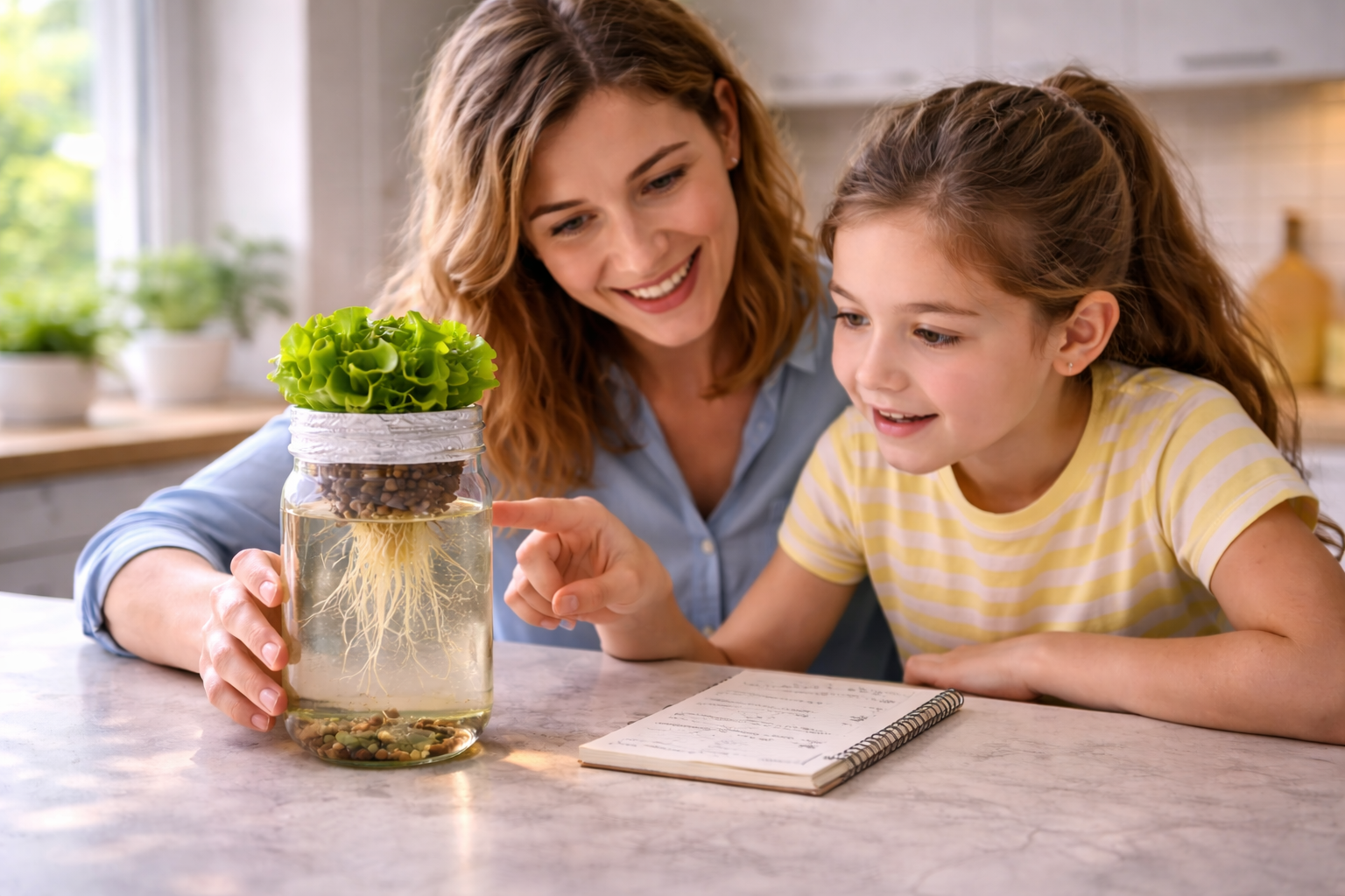 Parent showing how to explain hydroponics to a child by pointing to plant roots in mason jar