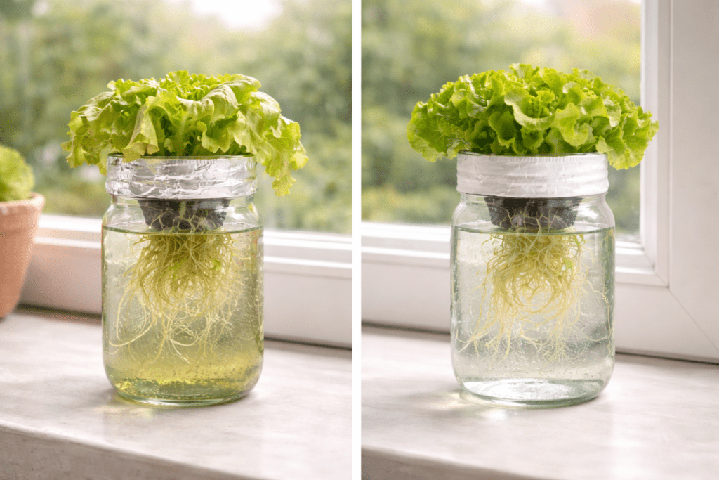 Two hydroponic jars showing a struggling plant with yellow leaves next to a healthy thriving plant