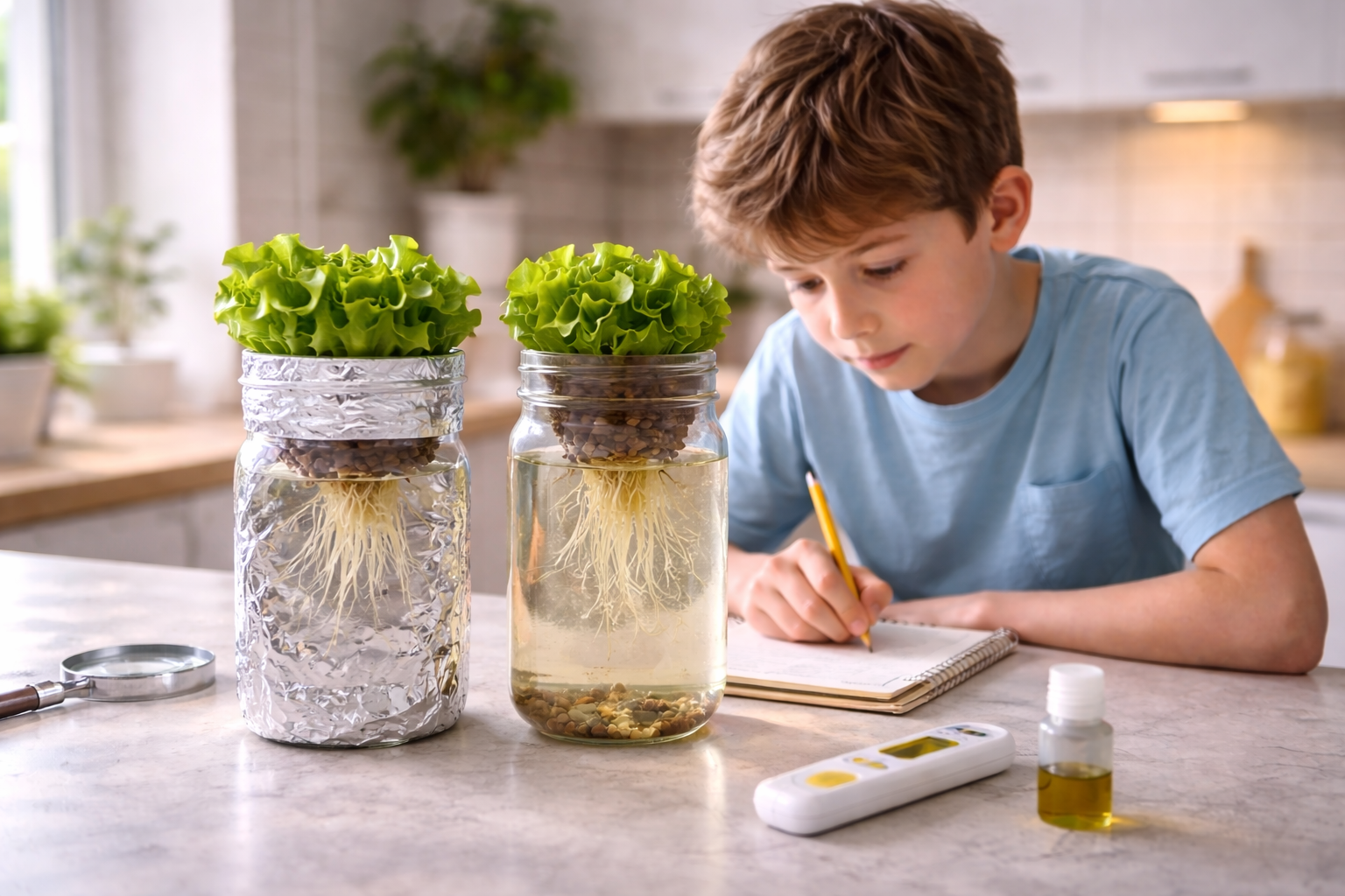 Child conducting hydroponic experiments for kids comparing two jars and taking notes