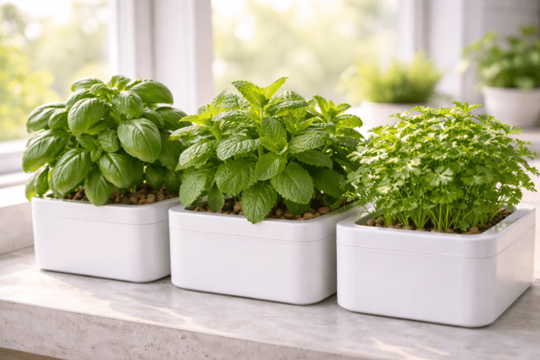 Three hydroponic herbs growing on a windowsill: basil mint and coriander in white containers