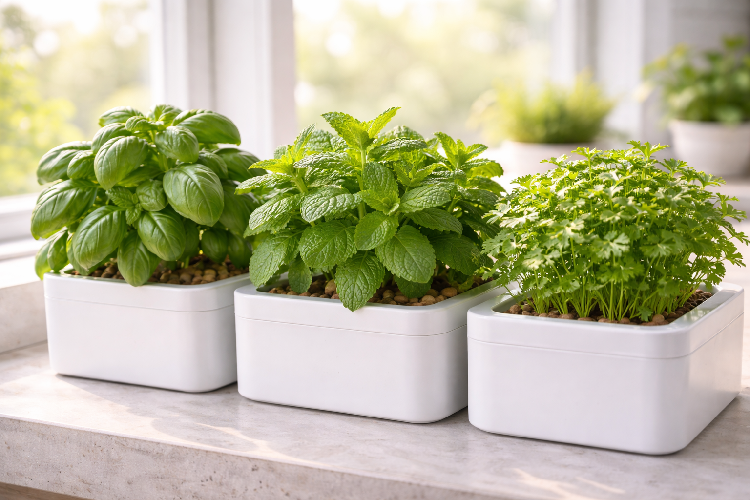 Three hydroponic herbs growing on a windowsill: basil mint and coriander in white containers