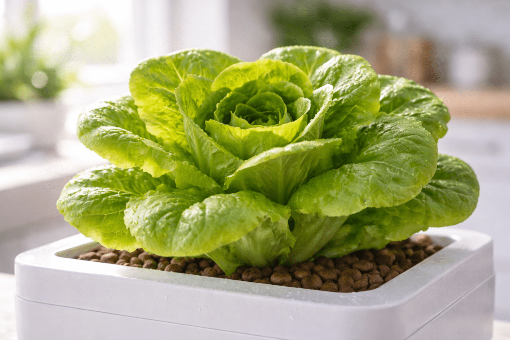 Mature hydroponic butter lettuce ready to harvest with vibrant green leaves growing in a white container