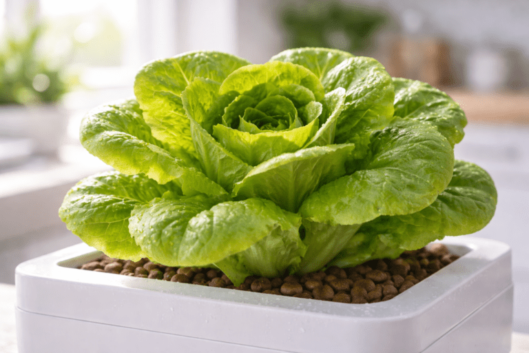 Mature hydroponic butter lettuce ready to harvest with vibrant green leaves growing in a white container
