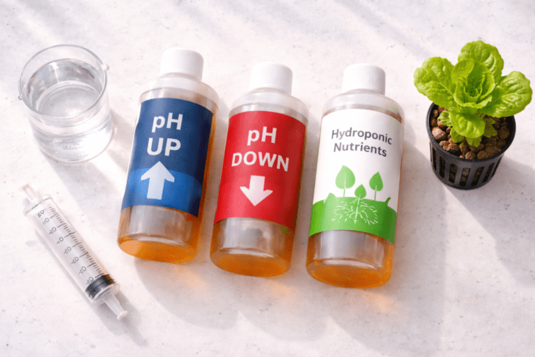 Hydroponic nutrient bottles with measuring syringe and lettuce seedling on white surface