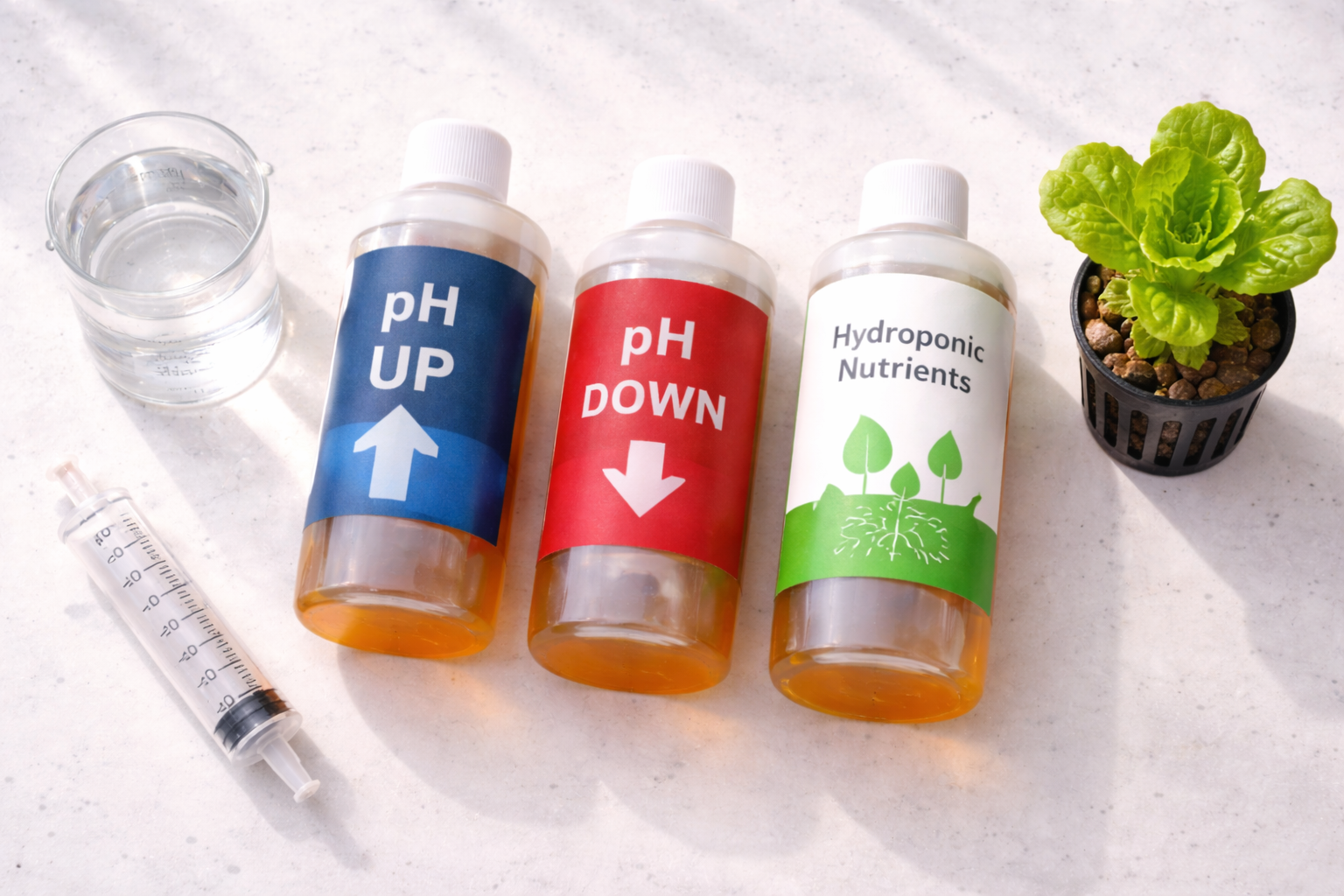 Hydroponic nutrient bottles with measuring syringe and lettuce seedling on white surface