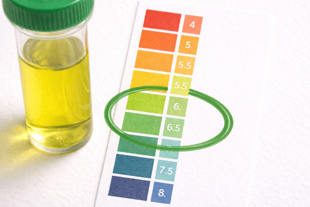 pH test tube showing optimal range of 5.5 to 6.5 highlighted on the colour comparison chart