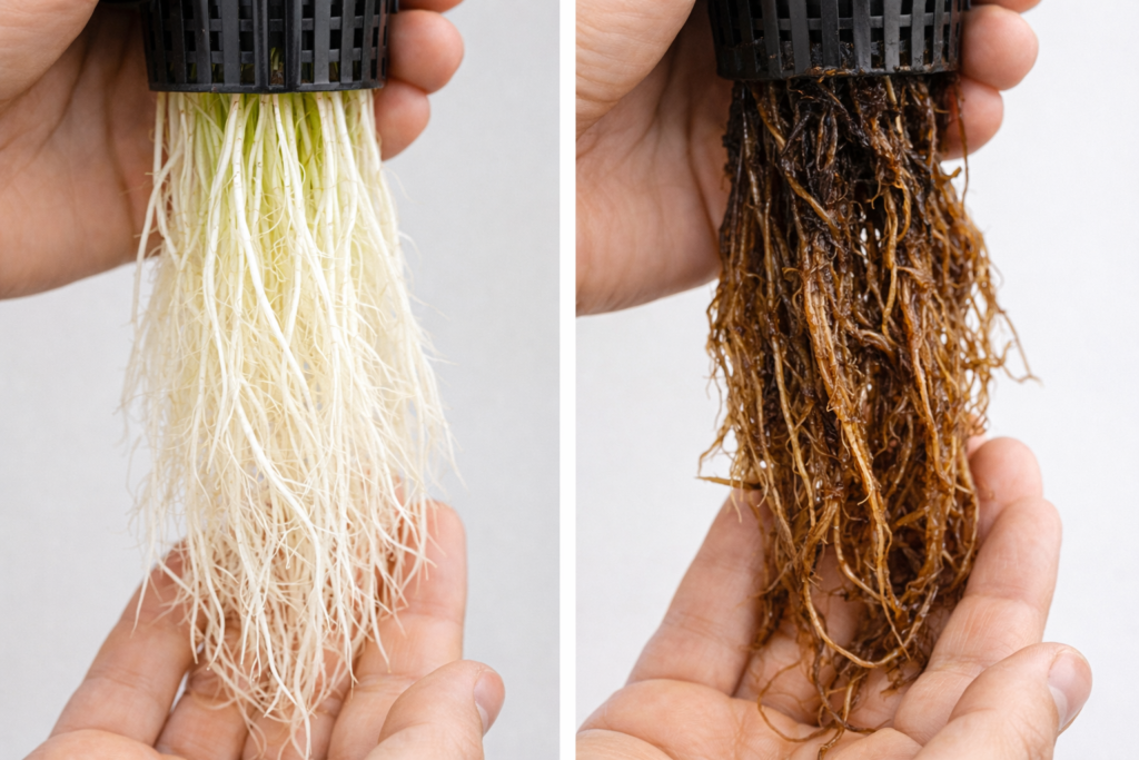 Comparison of healthy white hydroponic roots versus brown slimy roots affected by root rot