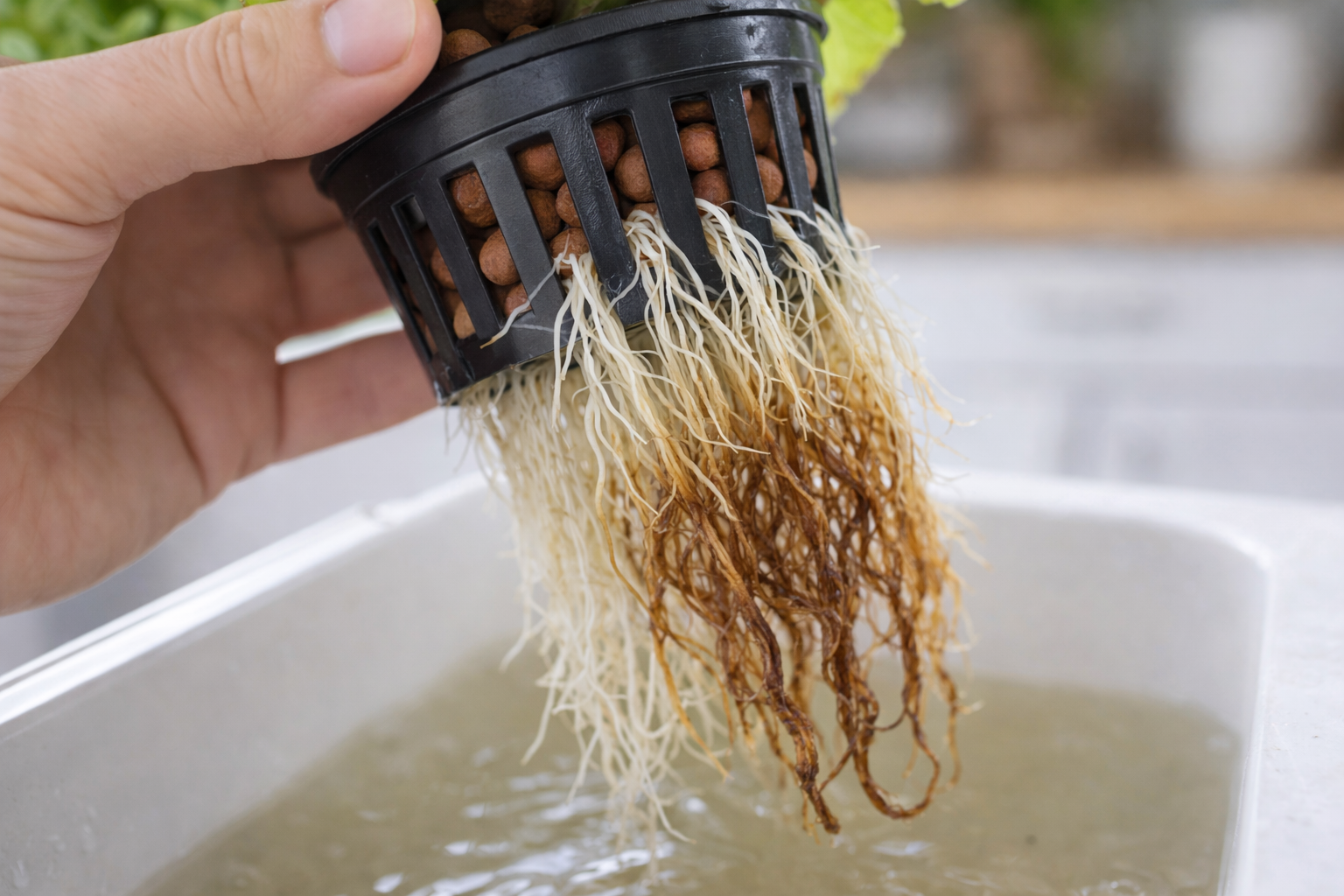 Hydroponic plant lifted from container showing early root rot with brown roots at bottom and healthy white roots above