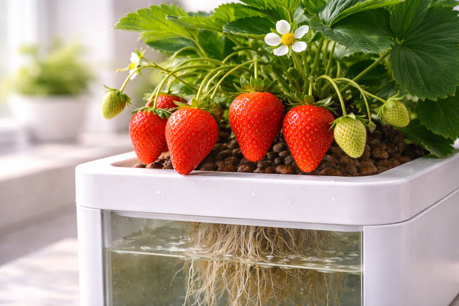 Ripe red hydroponic strawberries hanging from a plant growing in a white container indoors