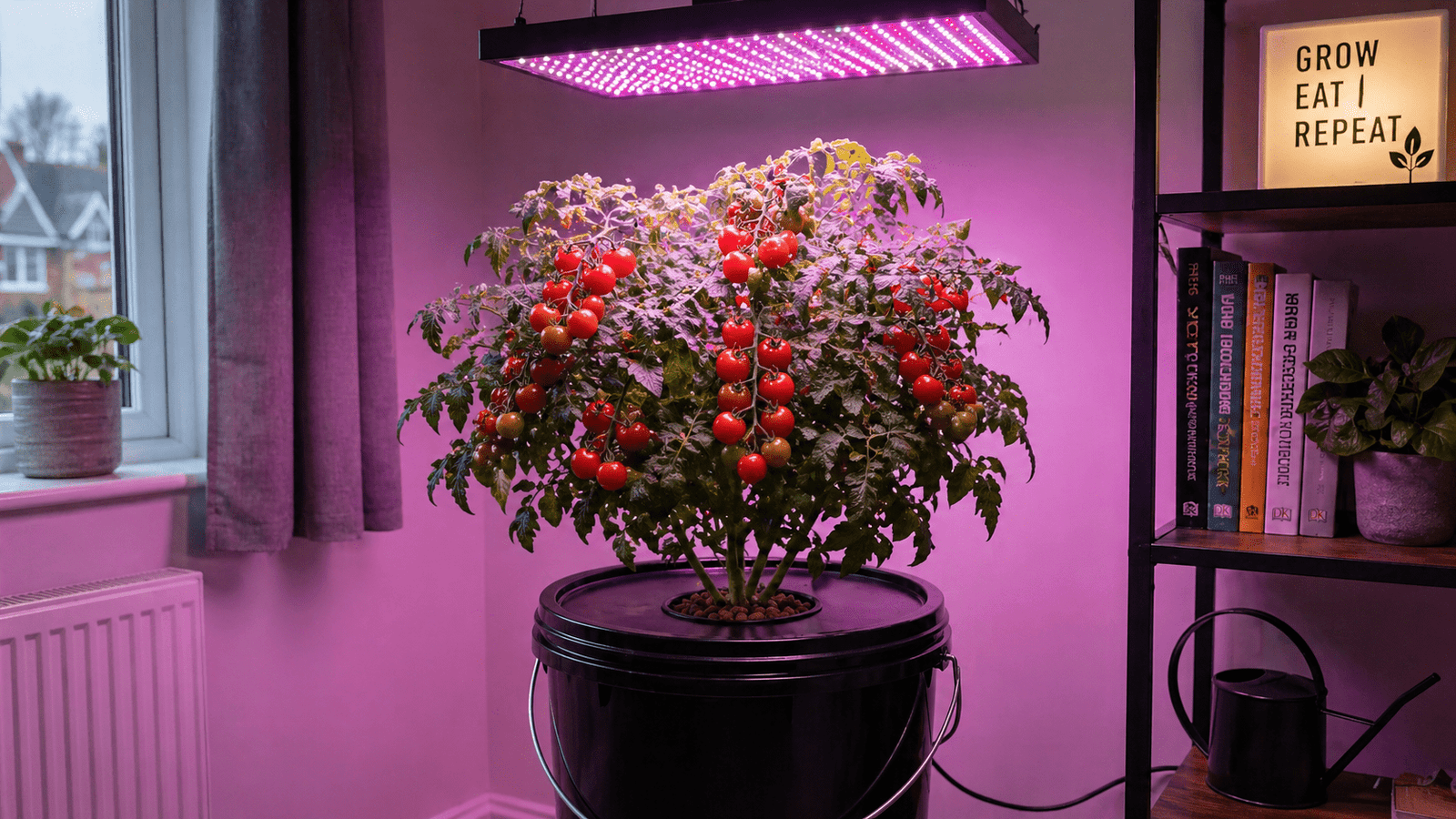 Hydroponic tomatoes indoors growing in a UK home DWC bucket system