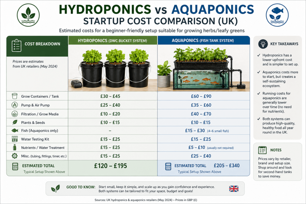 Hydroponics vs aquaponics UK cost comparison chart for home growers