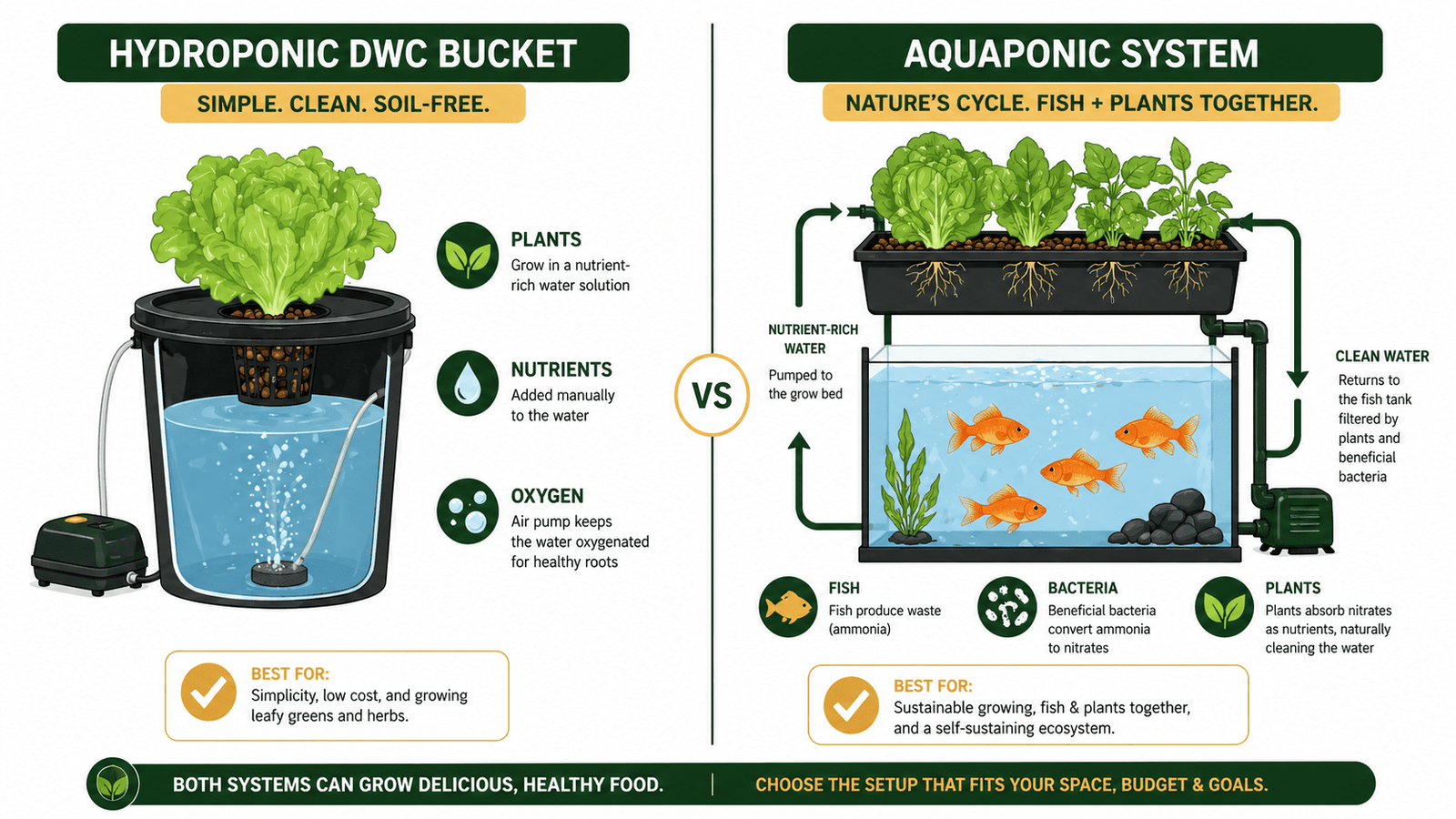Hydroponics vs aquaponics comparison illustration showing both home growing systems