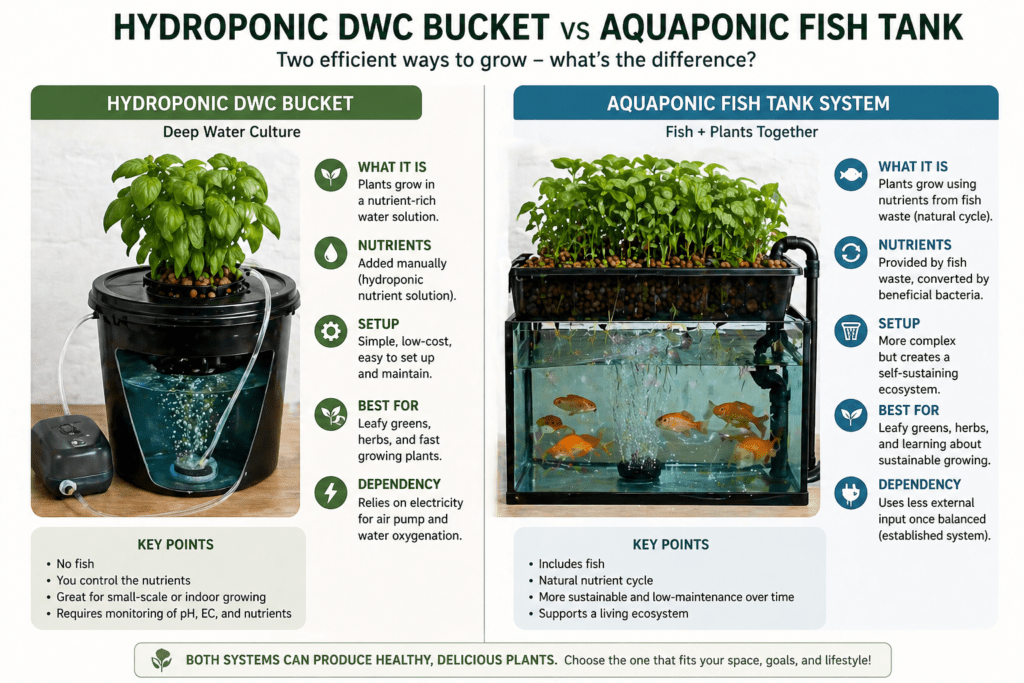 Hydroponics vs aquaponics comparison showing two home grower systems