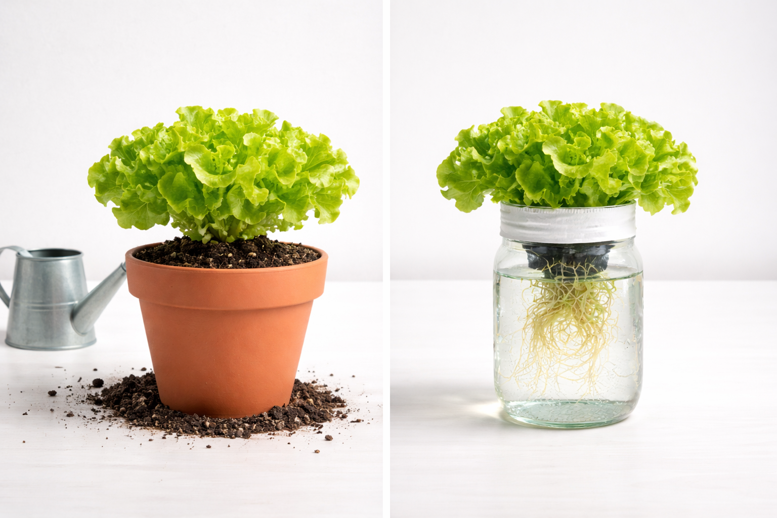 Side by side comparison of lettuce growing in soil pot versus hydroponic mason jar