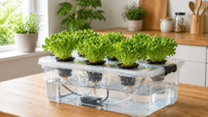 IKEA storage box hydroponic system with lettuce on a UK kitchen table